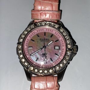 Fossil Blue Women's Silver Tone Date Pink Pave Bezel 100M Quartz Watch OS